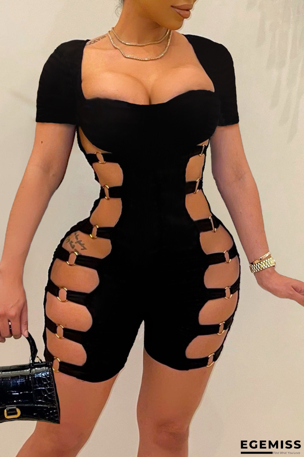 Black Sexy Solid Patchwork Square Collar Skinny Jumpsuits | EGEMISS