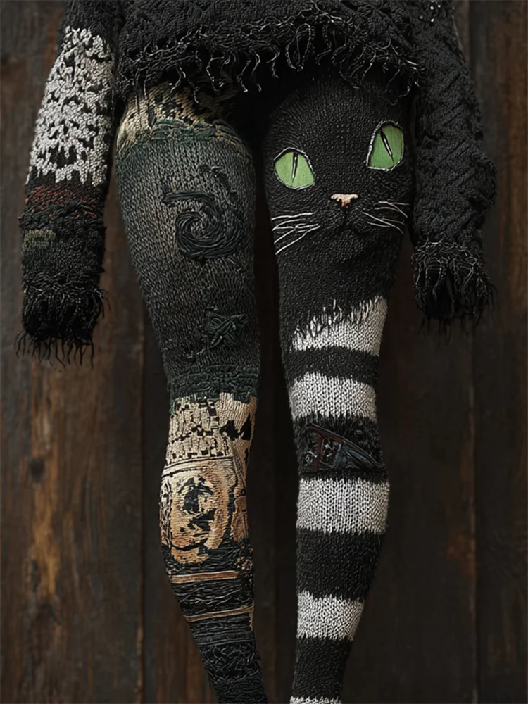 Vintage Halloween Black Cat Striped Cozy Knit Leggings