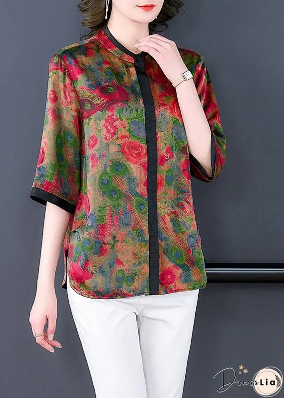 Style Red Stand Collar Patchwork Floral Print Silk Blouses Half Sleeve
