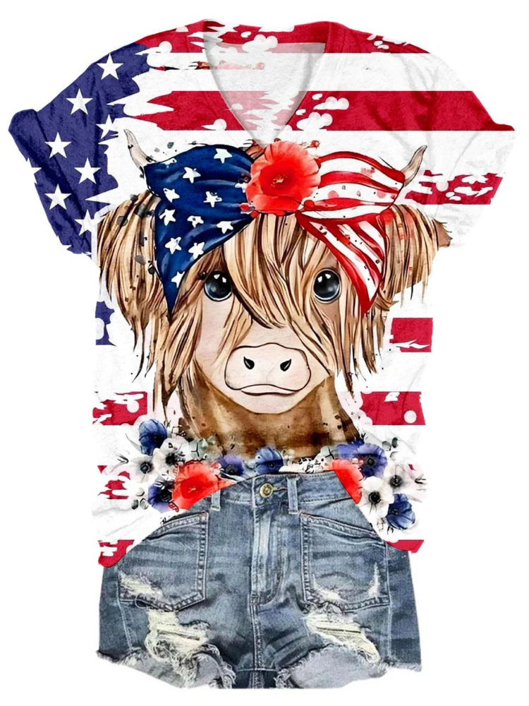 Wearshes Flag American Cow Print V-Neck T-Shirt
