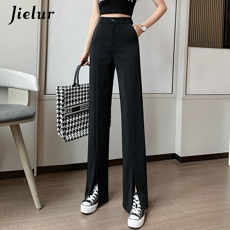 Dubeyi All-match Straight Suit Trousers Women Zipper Split High Waist Pants Spring Summer Casual Pocket Wide-leg Trousers Female