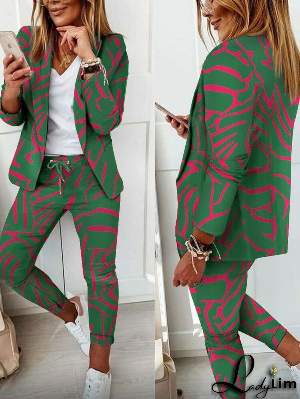 Casual Colorblock Allover Pattern Blazer & Pants 2 Pcs Set