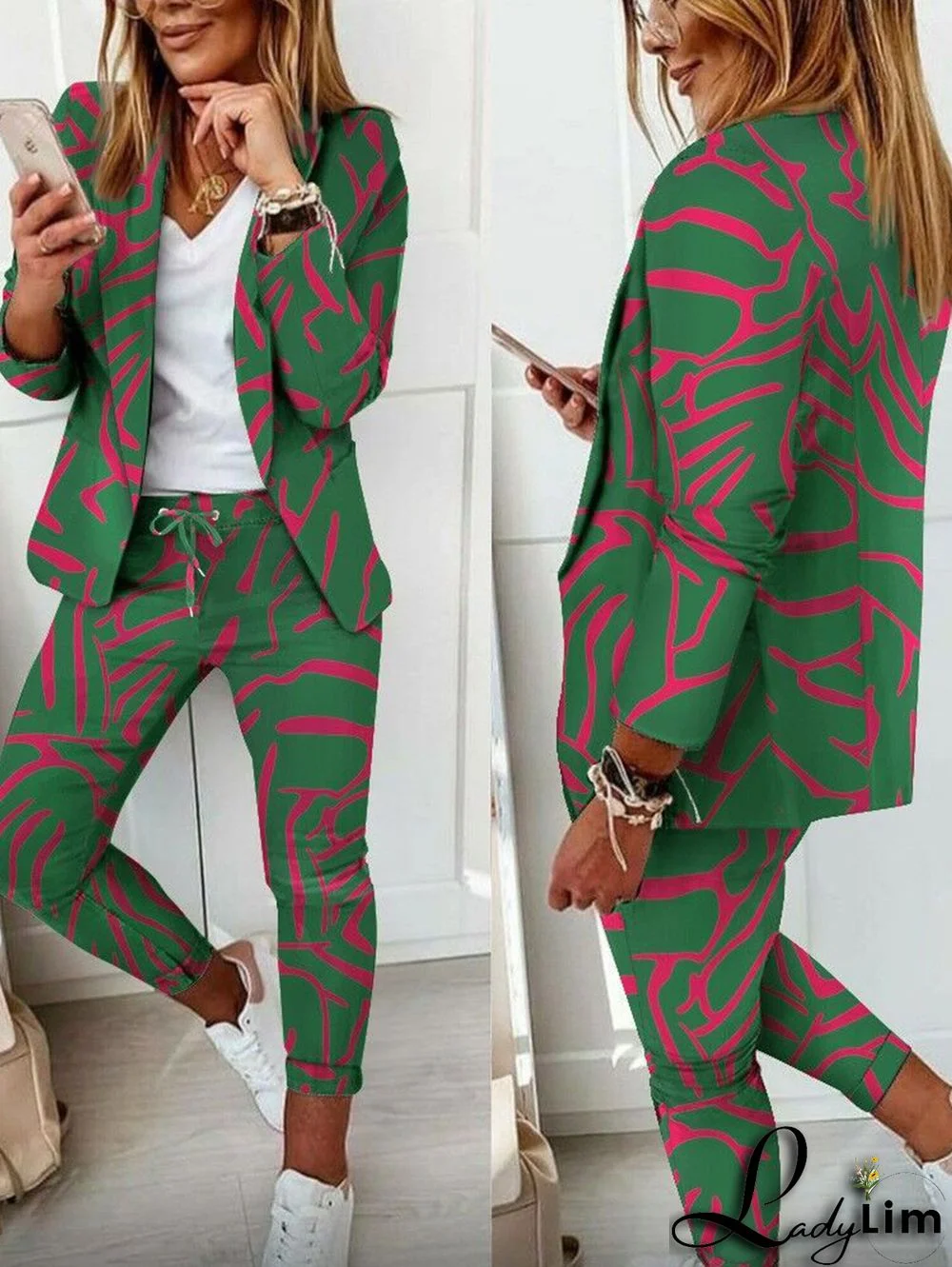 Casual Colorblock Allover Pattern Blazer & Pants 2 Pcs Set