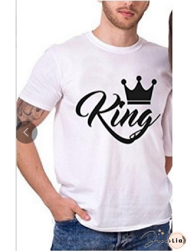 T shirt Tee black Men's black white Letter Print Short Sleeve Daily Basic Casual Round Neck King and Queen S for Women