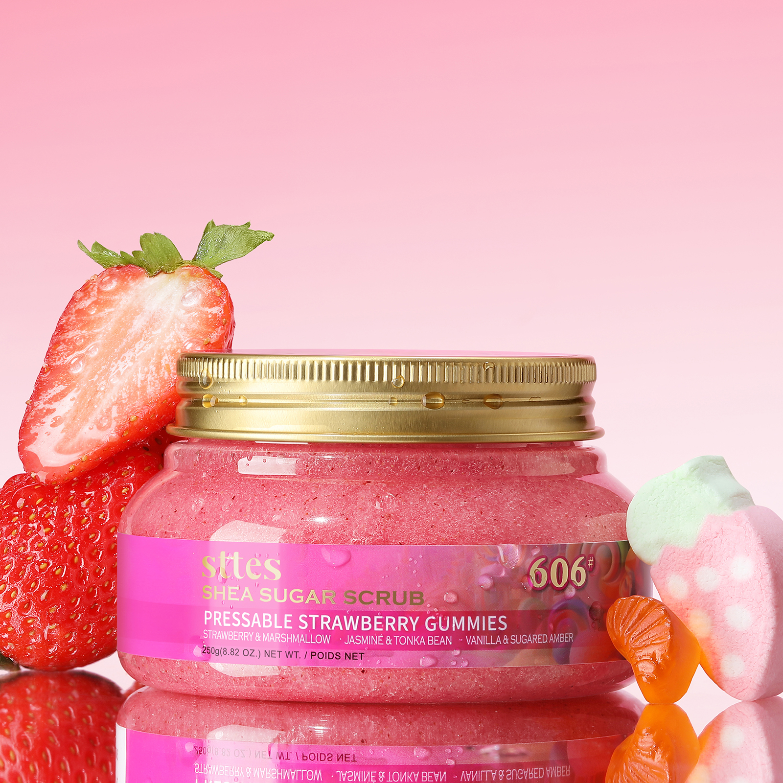 Sttes Shea Sugar Scrub 606# Pressable Strawberry Gummies &ndash; Strawberry Marshmallow, Jasmine Tonka Bean & Vanilla Sugared Amber Scent &ndash; Natural Gentle Exfoliating Nourishing Scrub 250g