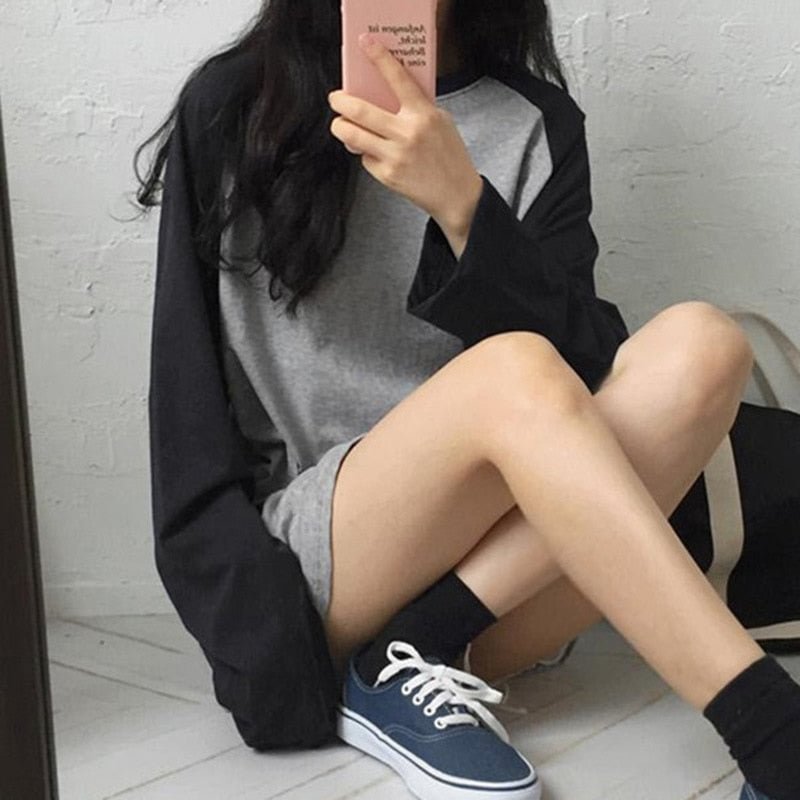 ONCE Oversize Fashion Autumn Women Long Tees Long Sleeve Loose Casual Tops Round Neck Spring Color Patchwork Female T-shirts