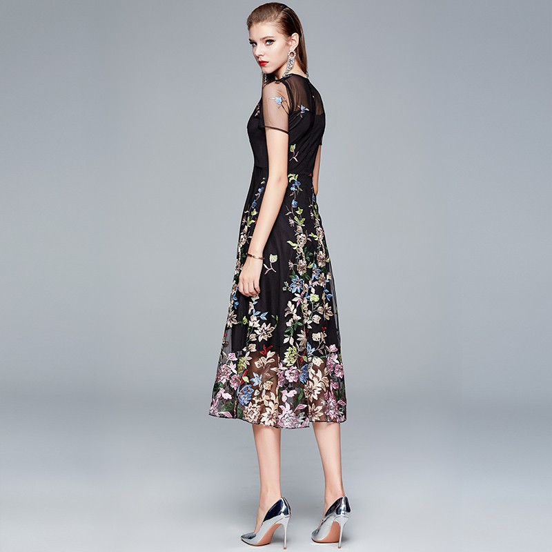 Women's Beige Floral Embroidered Midi Dress, Sheer Short Sleeve A-Line Formal Evening Dress