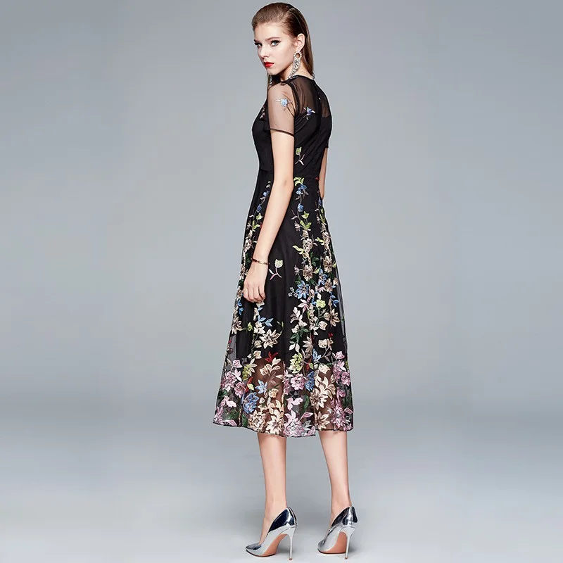 Women's Beige Floral Embroidered Midi Dress, Sheer Short Sleeve A-Line Formal Evening Dress