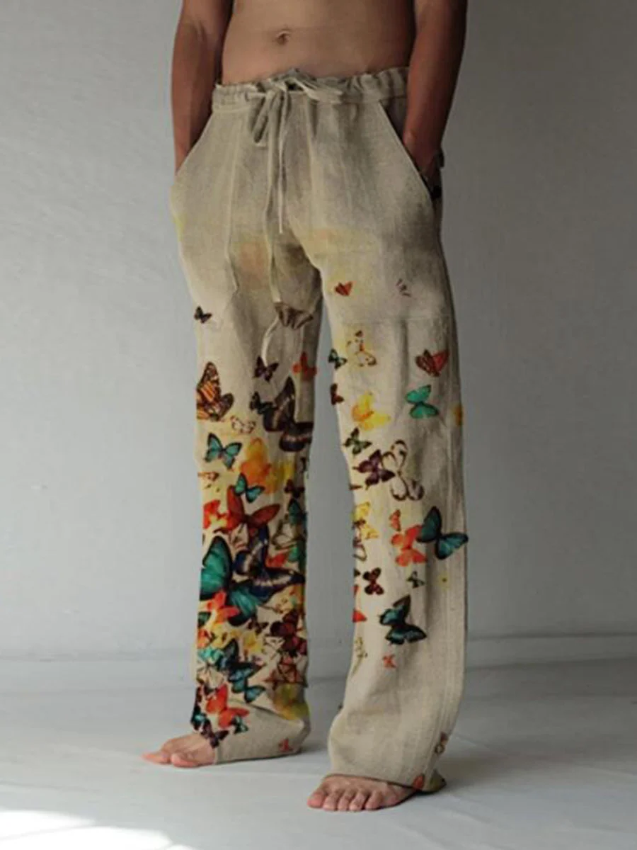 Men's butterfly casual cotton and linen trousers