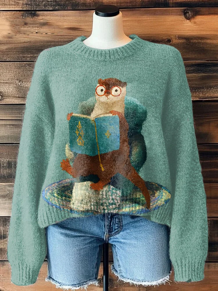 Women's Funny Squirrel Reading Book Print Knit Sweatshirt