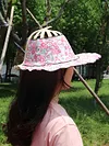 2 in 1 Bamboo Foldable Hand Fan Sun Hat Floral Printed Chinese Style Handheld Foldable Wide Brim Hat for Women Outdoor Beach Travel Accessory