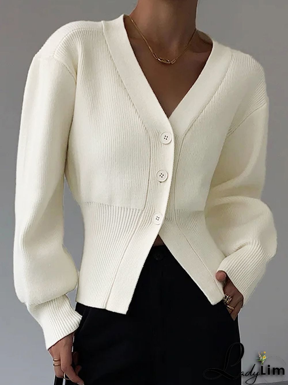 Solid V Neck Slit Knit Cardigan