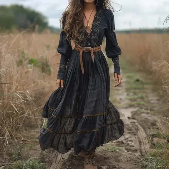 Vintage V-Neck Linen Women's Long-Sleeved Country Concert Dress