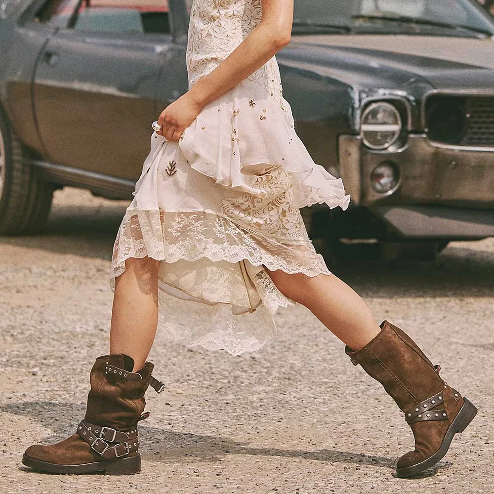 Olive Round Toe Mid Calf Buckle Strap Grommet Studded Heeled Boots