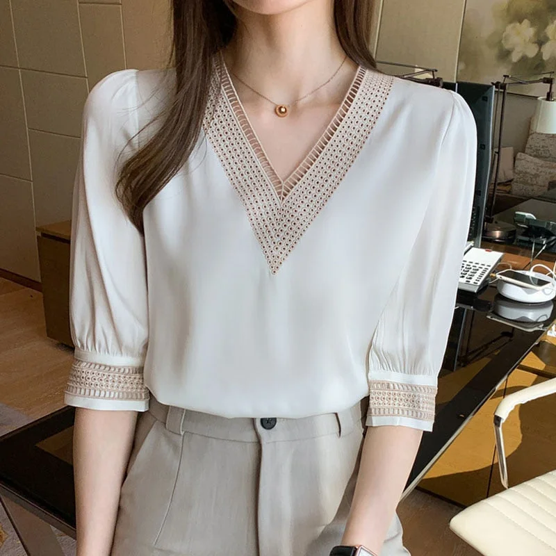 Summer Hollow Out Blouse Women New 2021 Middle Sleeve White Shirts Chiffon Fashion V Neck Splicing Top Female Blusas Mujer 13367