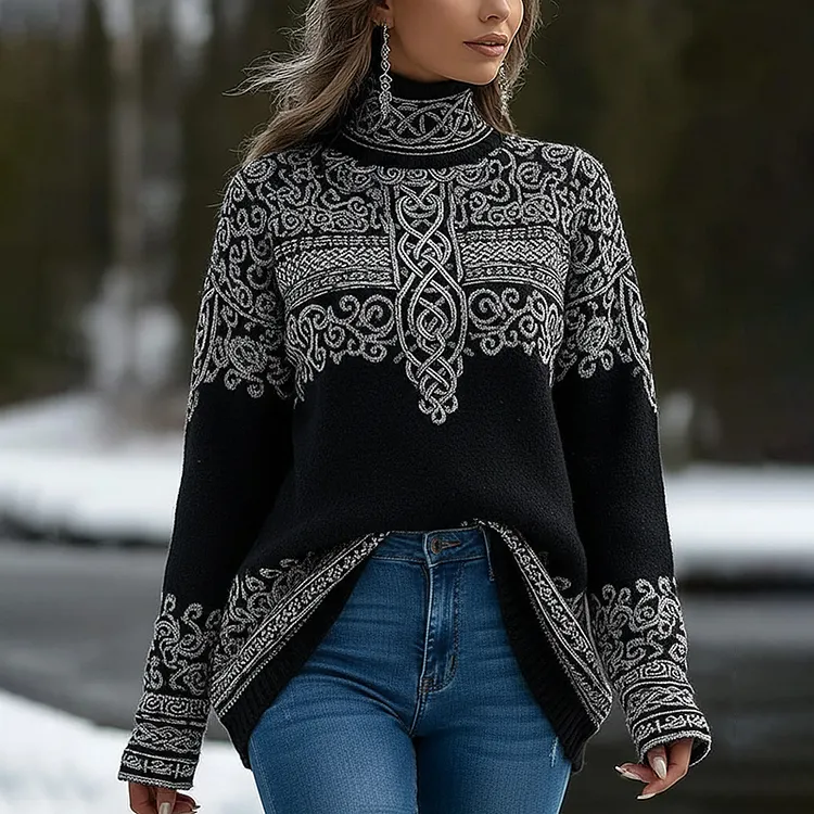 Women's Vintage Viking Celtic Knot Art Cozy Knit Turtleneck Sweater