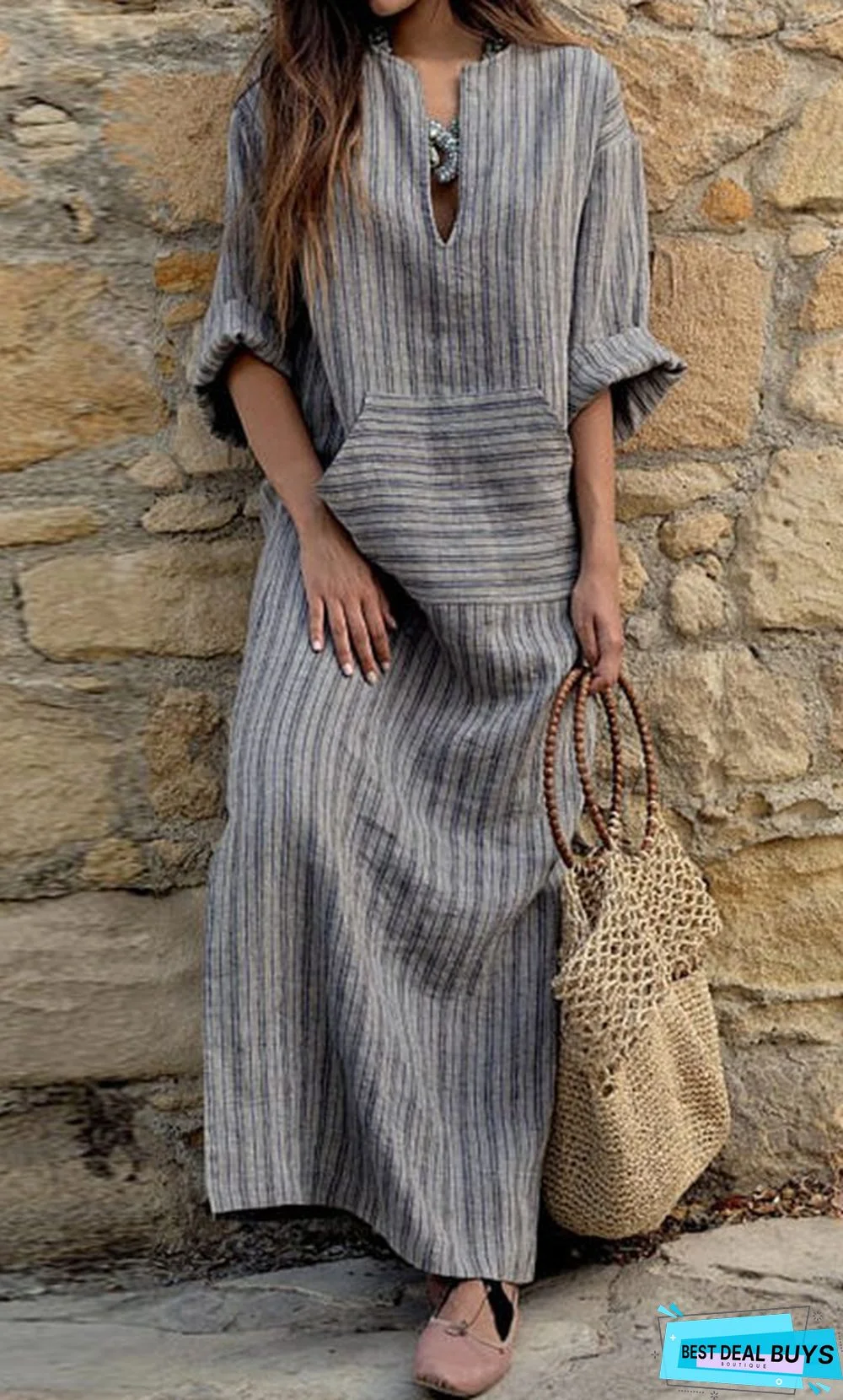 Cotton Linen Yarn Dyed Stripe Loose Long Dress