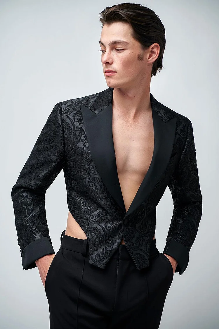 Floral Jacquard Irregular Hem Slim Fit Crop Blazer [Pre-Order]