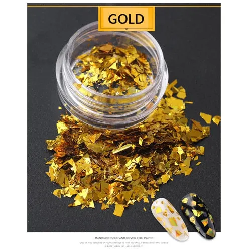 Gold Silver Glitter Nail Foil Sticker Adhesive Transfer Paillette Flake Full Cover Weed Leaf Decal Decor Decoration Manicure
