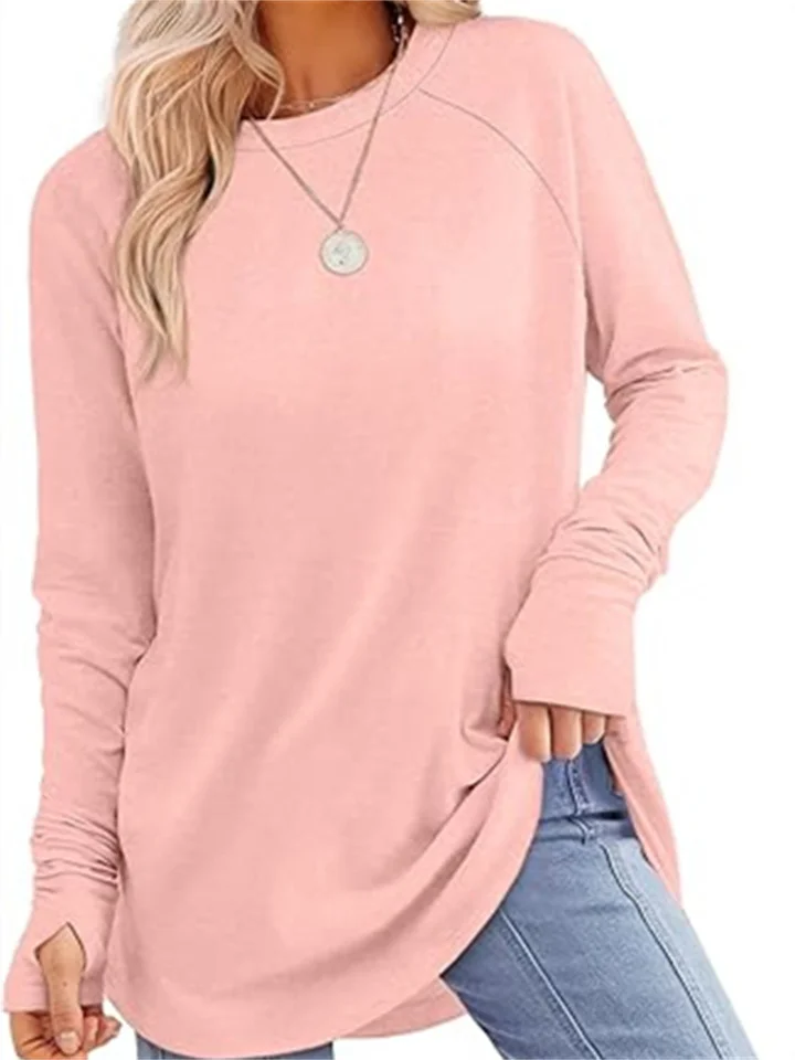 Women's Round Neck Solid Color Long-sleeved Top Loose Mid-length T-shirt-JRSEE