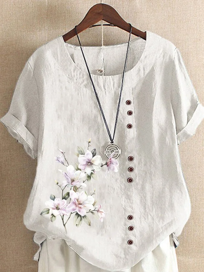 Women's Cotton Linen Button Casual Printed Shirt