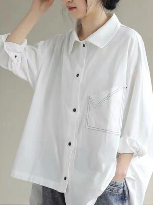 Contrast Stitched Pocket Button Up Casual Oversized Shirt