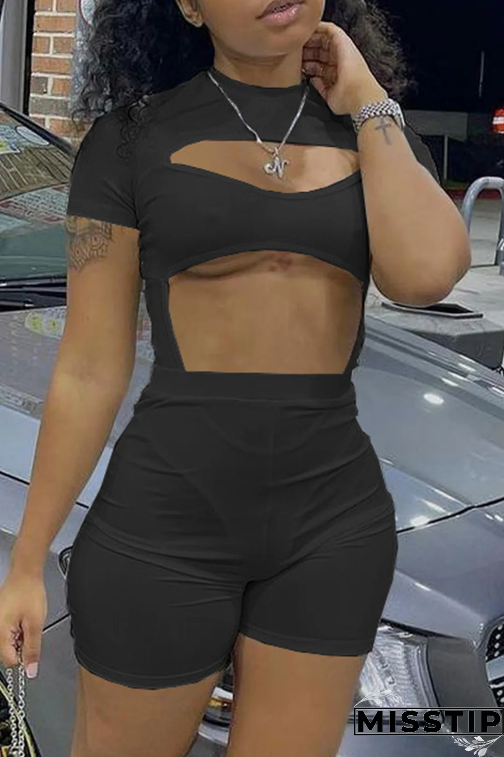 Khaki Sexy Solid Hollowed Out Half A Turtleneck Short Sleeve Two Pieces