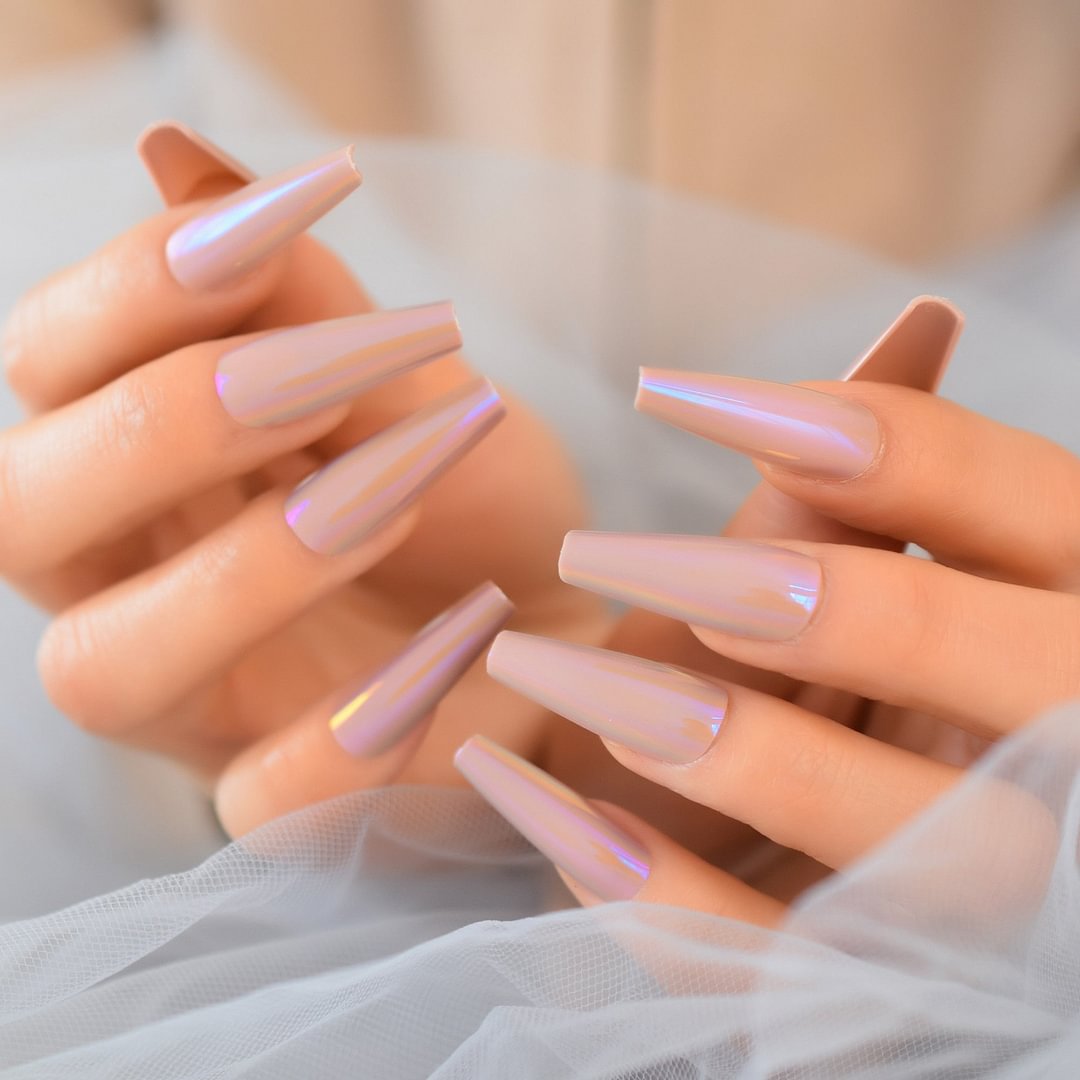 Acrylic Fake Press On Nail Chrome Pink gel Rainbow False Artificial Nails Metallic For Women Faux Ongles Coffin Ballerina