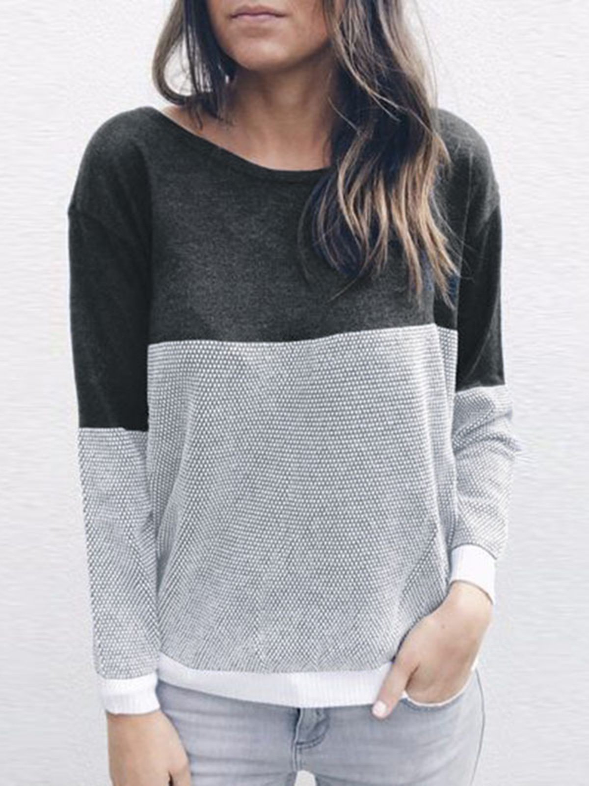 Crew Neck Casual Solid Paneled Sweater