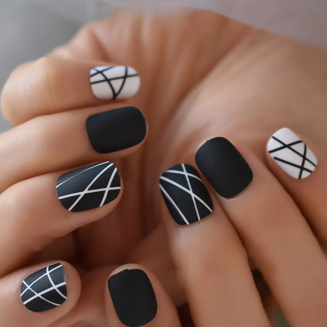 Grid Pink Gray Black Mixed Simple Desgins Nail Art Full Cover Press On Fake Nail Manicura Acrilico Acrylic Square Medium Nails-Nail Inspo