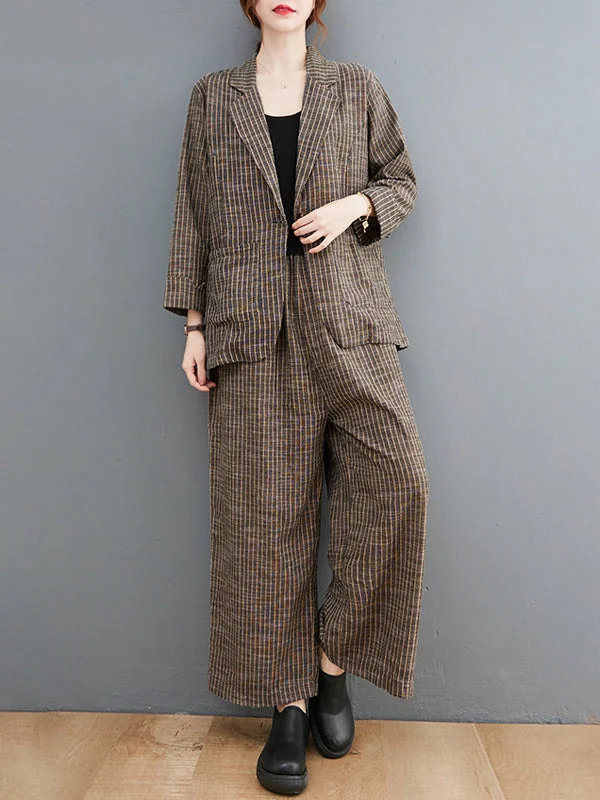 Vintage Ramie Cotton Notched Collar One Button Suits+Column Pants 2 Pieces Set