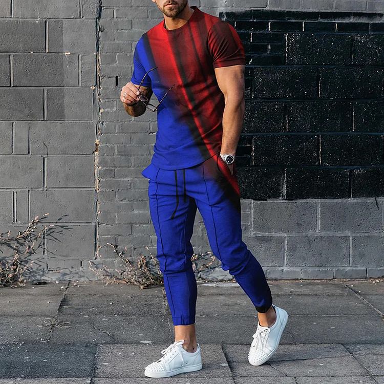 BrosWear Men's Patchwork Gradient Casual Short Sleeve  T-Shirt And Pants Co-Ord