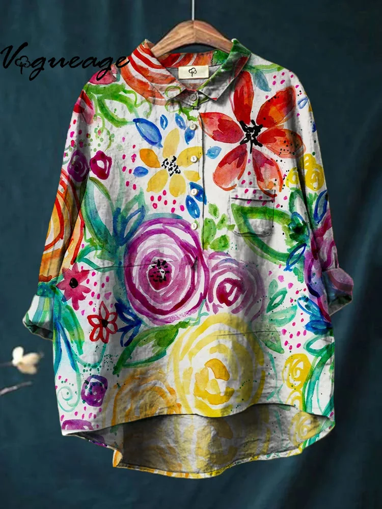 Colorful Ink Flowers Print Cotton And Linen Shirt