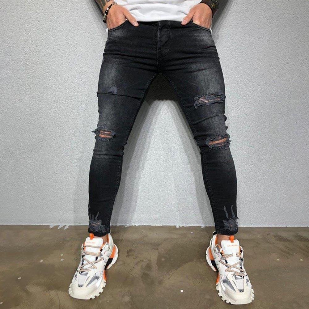 men's ripped elastic feet jeans