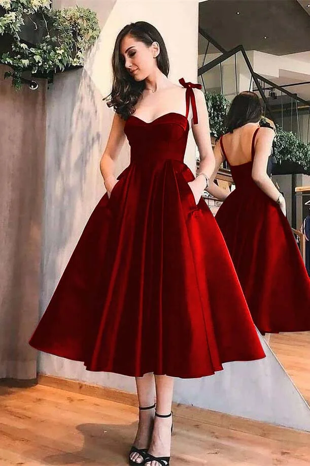 Miabel Sweetheart Black A-Line Spaghetti-Straps Tea Length Evening Dress  With Pockets