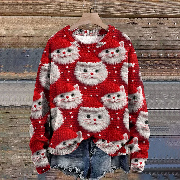 Christmas Cat Print Knitted Pullover Sweater