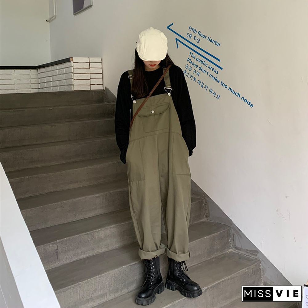 Cool Loose Pure Color Shirt Overalls Set