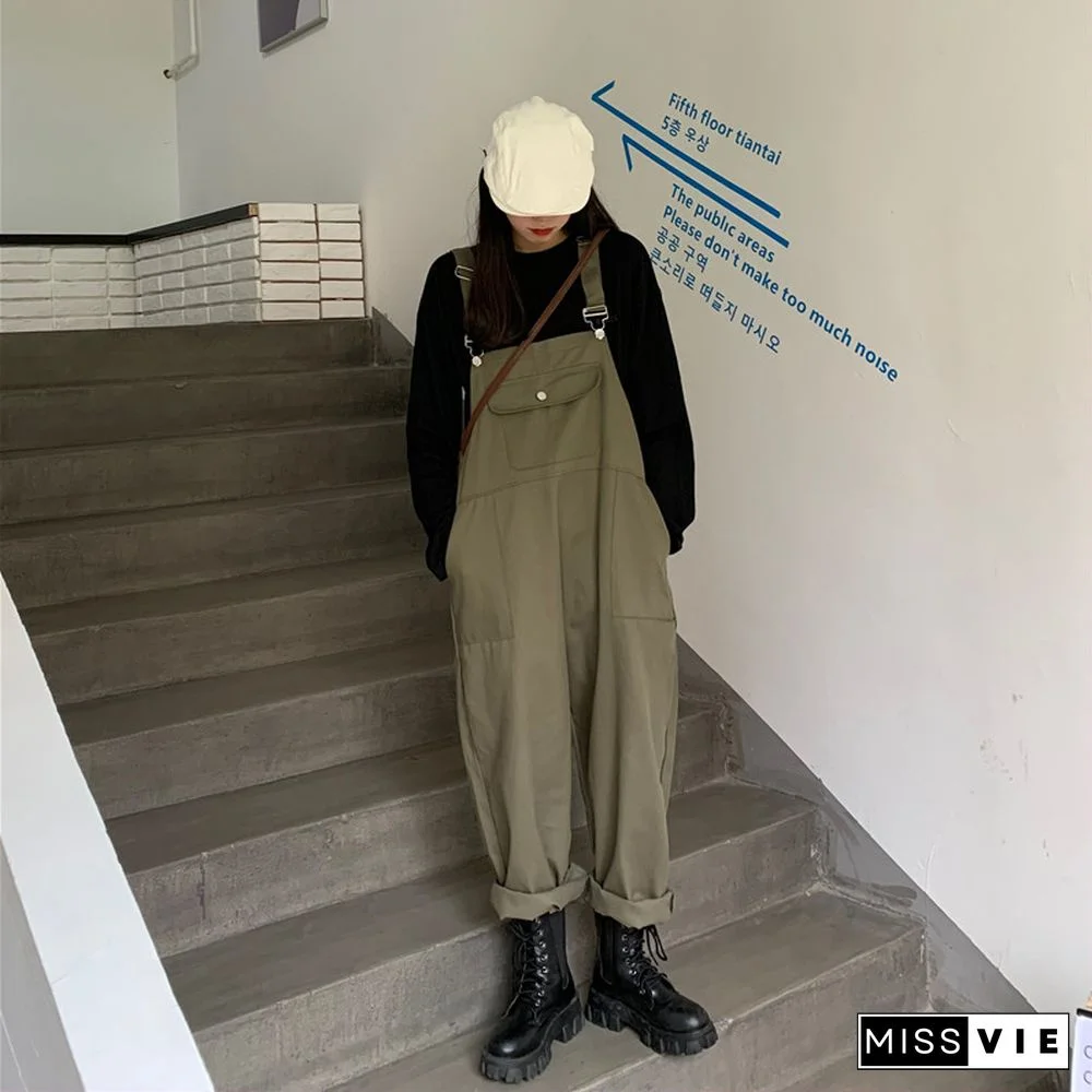 Cool Loose Pure Color Shirt Overalls Set