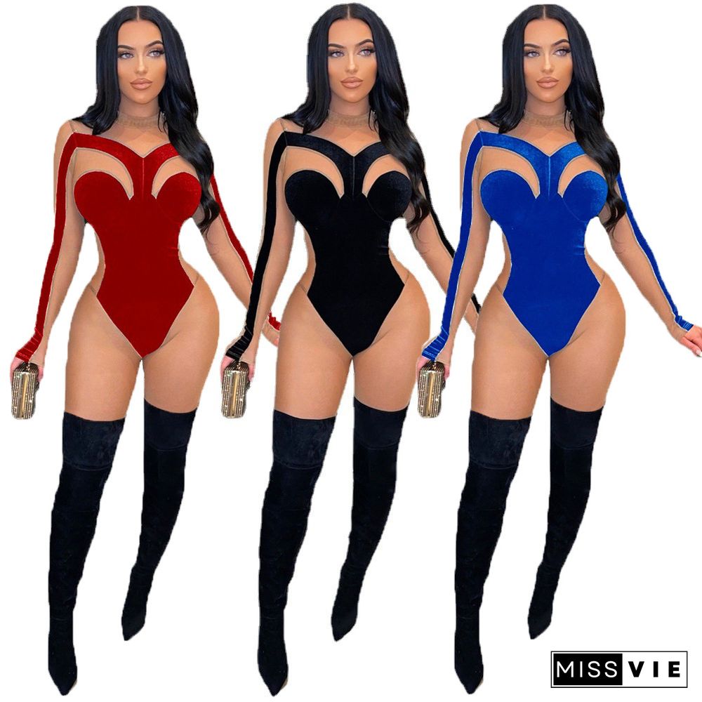 Sheer Mesh Patchwork Velvet Skinny Jumpsuit