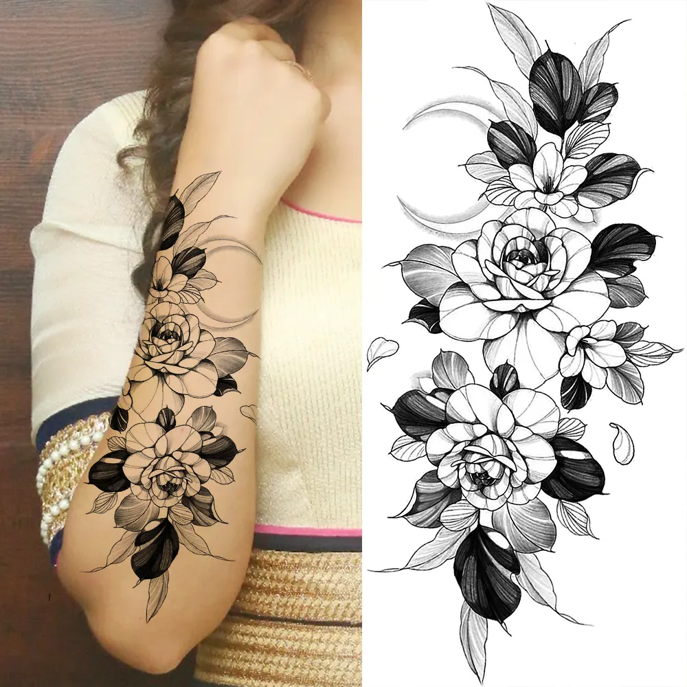 Sdrawing Sunflower Butterfly Temporary Tattoos For Women Adult Rose Flower Moon Fake Tattoo Arm Body Art Decoration Tatoo Paper