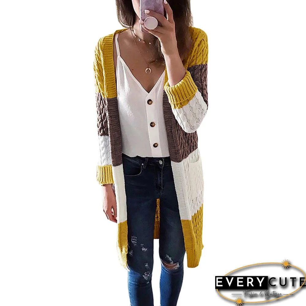 Yellow Color Block Cable Knit Long Cadigan