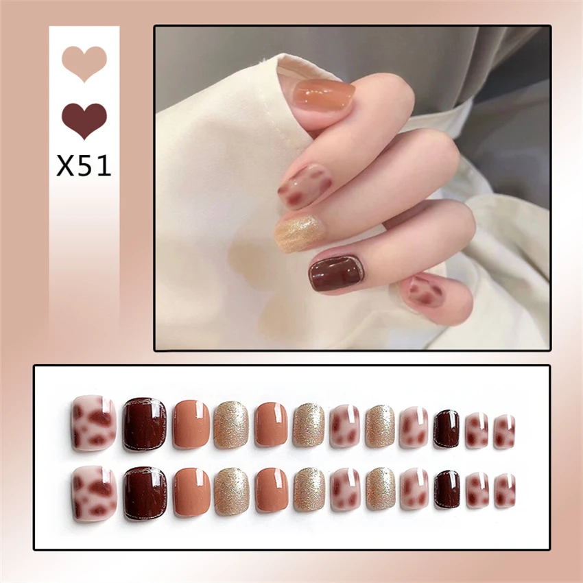 Bayuyun 24Pcs/Set Coffee Leopard French Fake Nails with Diamonds Japan Korean Artificial Acrylic Press on Nails Removable Stick on Nails