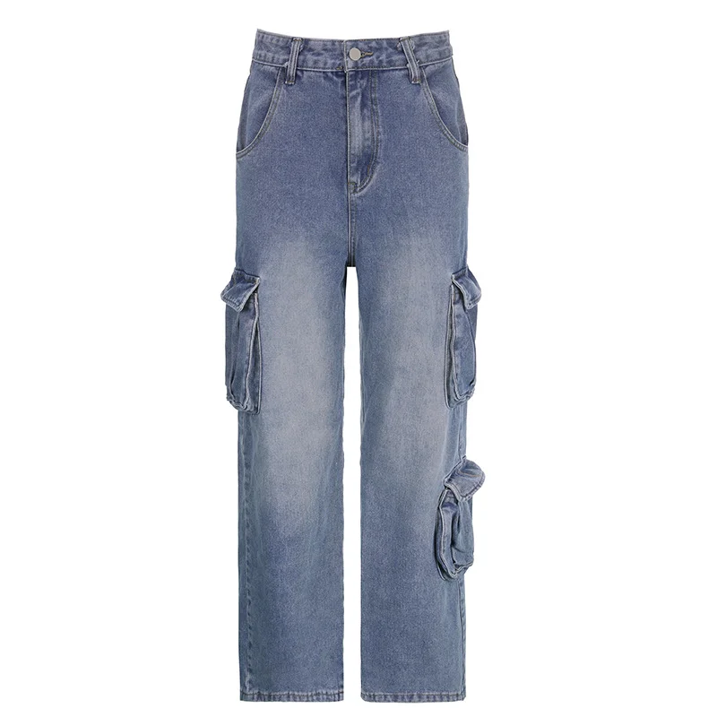 Ueong Station 2023Ins Fashionable Women's Wear Street Shoot Wind Big Pocket Lazy Overalls Low-Waisted Jeans Women's Autumn