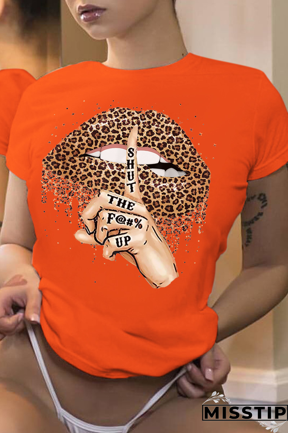 Orange Street Lips Printed Patchwork O Neck T-Shirts