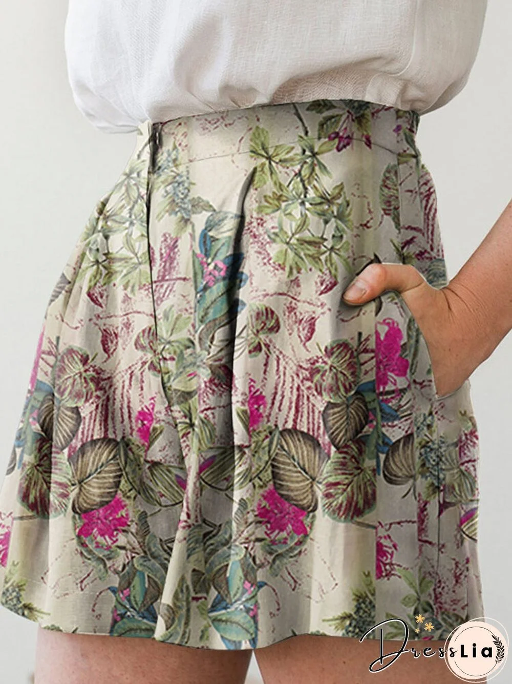 Plant Print Pocket Ruched Casual Shorts