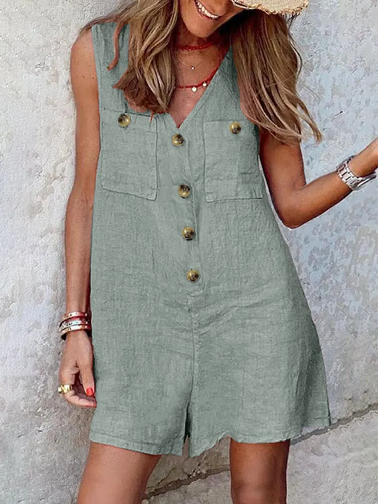 Solid Pocket Button Sleeveless V Neck Casual Romper