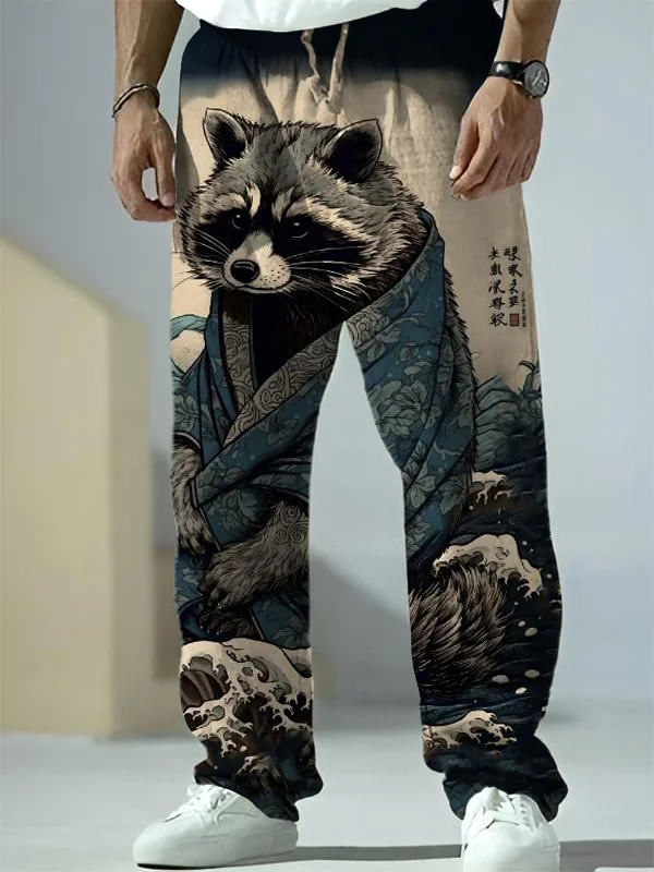 Men's Raccoon Rough Sea Waves Japanese Art Printed Casual Pants