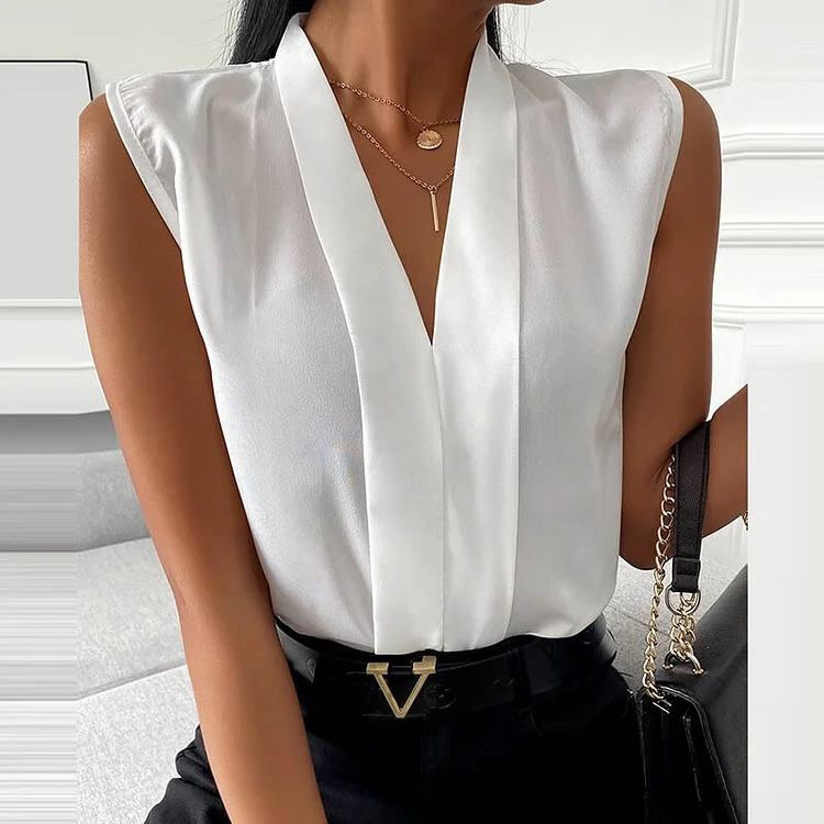 Women New Fashion V Neck Sleeveless Chiffon Shirts Spring Summer Casual Solid Color Sexy Patchwork Blouses Elegant Office Tops