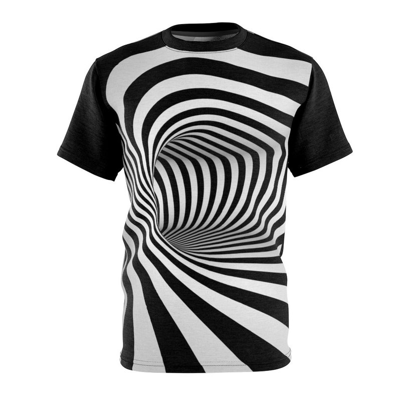 Optical Illusion Op Art Futuristic Space Tunnel Hole Stripes Futuristic Cybergoth Raver White Black Gray Unisex AOP Cut & Sew Tee T-Shirt