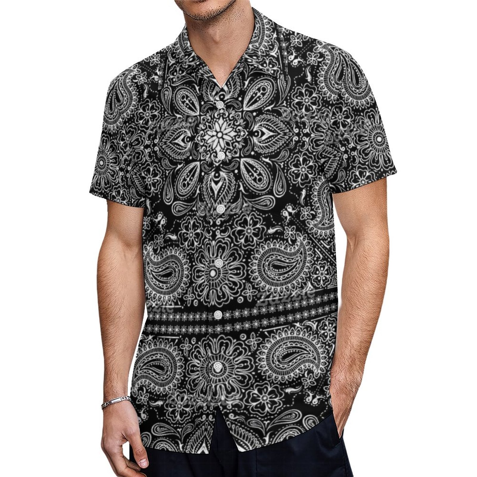 Black And White Paisley Bandana Boho Hawaiian Shirt Mens Button Down Plus Size Tropical Hawaii Beach Shirts